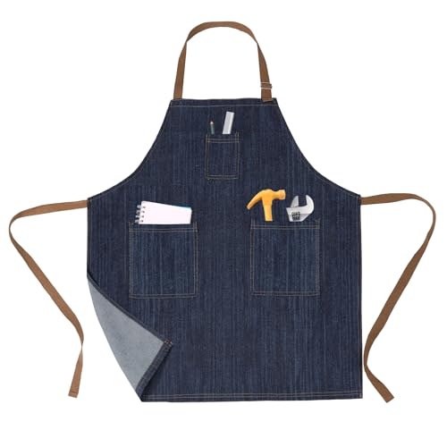 FunChaos Grembiule in Denim Cotone per Uomini Donne, Grembiule da Cuoco Regolabile con Grandi Tasche per Cucina Cottura Giardinaggio BBQ Caffetteria Barista, Grembiule da Lavoro Jean Resistente