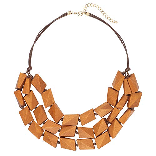 Coiris 3 Layers Big Faceted Wood Beaded Strand Statement Necklace For Women Chunky Collar (N0018-Light Brown) #TOP27