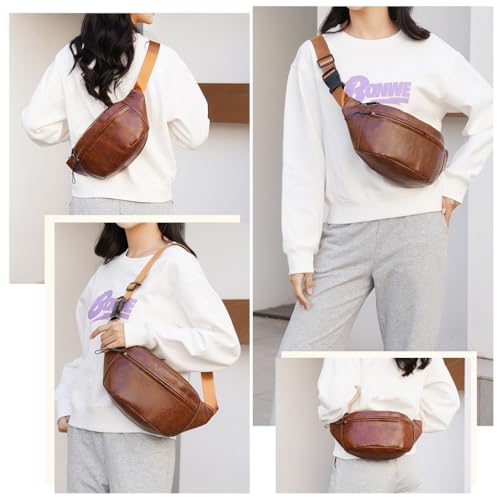 Image of GUSTAVE PU Leather Waist Bag for Men Vintage Brown Shoulder Bag with Adjustable Quick Release Strap, Double Layer Design for Outdoor & Casual Use, Crossbody & Waist Bag, 22x7x16cm Stylish & Durable