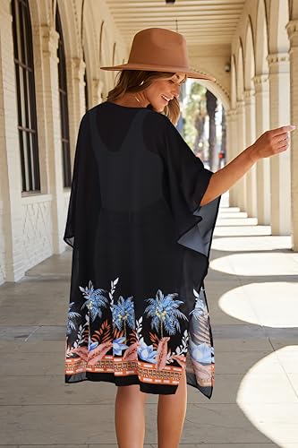 Image of Women's Kimono Swimsuit Coverups Summer Beach Loose Cardigans for Swimwear | CHICGAL Casual Open Front Chiffon Cover Up, 3 /4 Sleeve Lightweight Vacations Outfits 2026, Long Summer Resort Wear