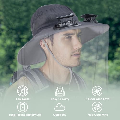 Sombrero con red para mosquitos con ventilador solar incorporado y ala ancha ajustable para hombre y mujer miniatura 2