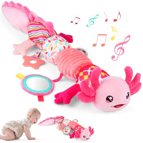 Image of Baby Girls Toys 0-6 Months,Infant Sensory Caterpillar Pink Axolotl Baby Musical Rattles Tummy Time Toys for 0 3 6 9 12 Months Stuffed Plush with Crinkle, Mirror,Teether for Newborn Shower Gifts