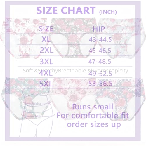 Image of Womens Underwear XL-5XL Plus Size Ladies Panties Mid High Waist Briefs for Woman Floral Print Pantys 6-Pack