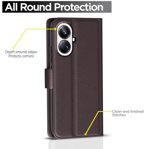 Image of Pikkme Flip Cover Leather Finish | Inside TPU with Card Pockets | Wallet Stand and Shock Proof | Complete Protection Button Flip Case for Realme 10 Pro Plus 5G (Coffee)
