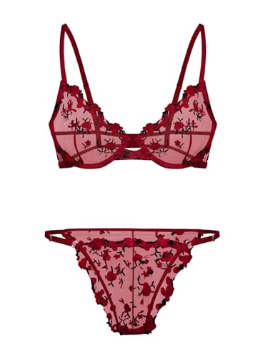 Image of Lilosy Sexy Floral Embroidered Mesh Sheer Underwire Lingerie Set