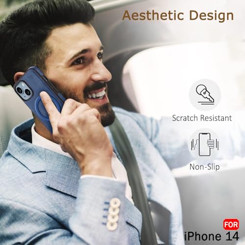 Image of TheGiftKart Genuine Leather Finish Back Cover Case for iPhone 14 | Shockproof Design | Raised Edges for Camera & Screen Protection | Stunning Minimalist Design Case Cover (MagSafe Compatible, Blue)