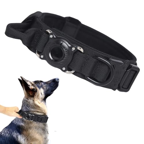 Image of Tactical Dog Collar with Airtag Holder Waterproof Airtag Dog Collar with Control Handle and Metal Buckle Adjustable Heavy Duty Dog Collar for Dog Training(Black,L