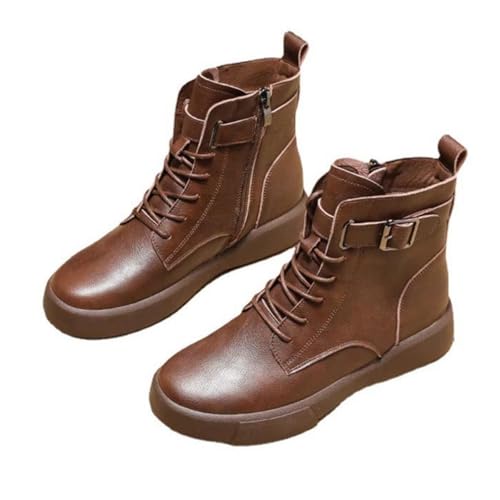 Platform Boots for Women Vintage Round Toe Chunky Heeled Ankle Boots Buckle Strap Lace Up Combat Boots Fleece Lined Fall Winter Short Boots with Side Zipper2