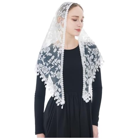 Wgior Triangle Catholic Church Veils Floral Lace Scarf Mass Mantilla Chapel Veil Bridal Bachelorette Party Veil (White) Cover