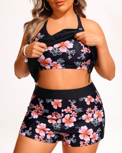 Image of Holipick Plus Size Tankini Swimsuits for Women Two Piece Tummy Control Bathing Suit Blouson Tankini Top with Shorts
