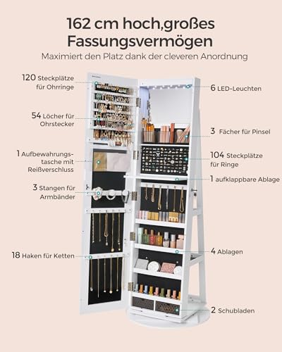 SONGMICS JJC007W01 Schmuckschrank mit Spiegel auf Füßen, abschließbar, mit 6 LEDs, Schmuckaufbewahrung, um 360° drehbar, rahmenlos, 3 Ablagen, weiße Oberfläche, schwarze Innenauskleidung