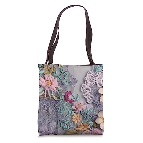 Bolso tote con estampado floral de encaje en tonos lavanda, rosa pálido, azul marino y blanco miniatura 1