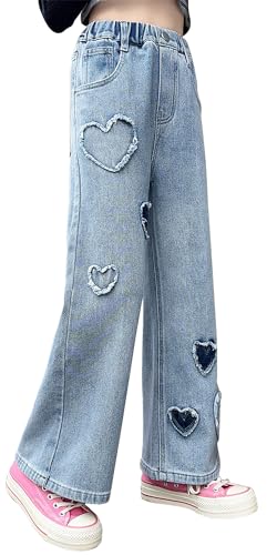 SEAUR Girl Denim Jeans Wide Leg Pants Elastic Waisted Loose Casual Pants Kid Classic Blue Jeans Children Trousers for 5-15 Y