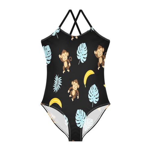 Kids Swim Suits Beach Bathing Suits Girls 3-10 Y with Adjustable Shoulder Strap, Cute Cartoon Monkeys Black