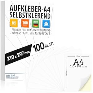 Lot de 100 étiquettes autocollantes DIN A4, 210 x 297 mm, imprimables universelles, surface blanche mate, compatibles avec les imprimantes à jet d'encre et laser, autocollants pour de nombreuses