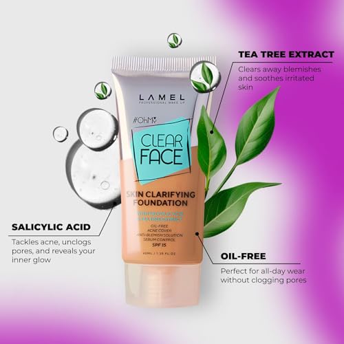 Image of Lamel- Oh my Clear Face Foundation 407- Medium Tan | Contains tea tree extract and salicylic acid |Controls sebum production |Anti-blemish formula |SPF 15 |Oil-free foundation | 40ml