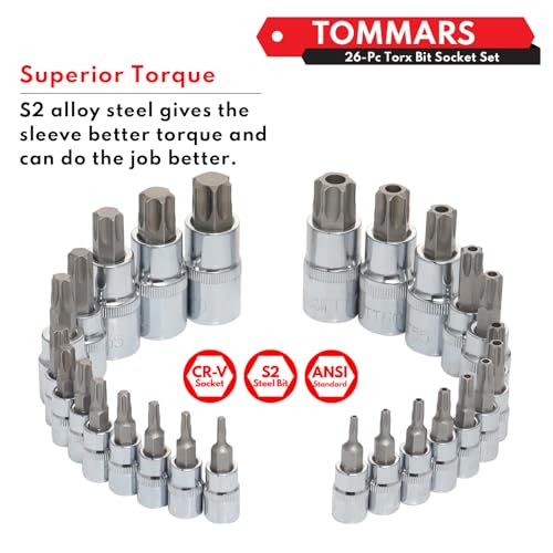 Image of TOMMARS 26-PC Torx Socket Set, Torx Star Tamper Proof Security Bit | T10-T70 & TT10-TT70,1 /4 inch, 3 /8 inch, 1 /2 inch Drive, S2 Steel Bits, CRV Sockets