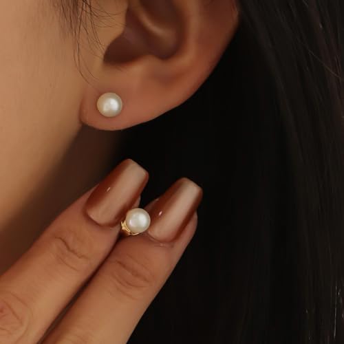 Image of Freshwater Pearl Stud Earrings for Women - Hypoallergenic 925 Silver Plated With 14k Gold Genuine Round White Pearls Elegant Gift for Her