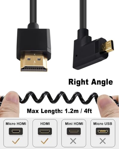 Image of Duttek Extreme Slim Micro HDMI to HDMI Coiled Cable, Right Angled HDMI to Micro HDMI Cable 4K@60Hz 18Gpbs for Camera Monitors, Capture Cards + More,1080P, 4K@60Hz, HD, 3D 1FT-4FT