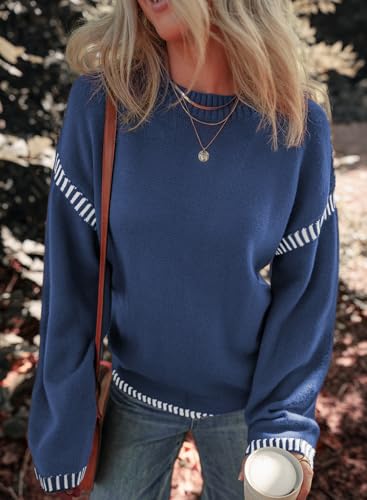 Image of Women's Crewneck Long Sleeve Sweater Casual Fall Contrast Ribbed Knit Pullover Jumper Tops