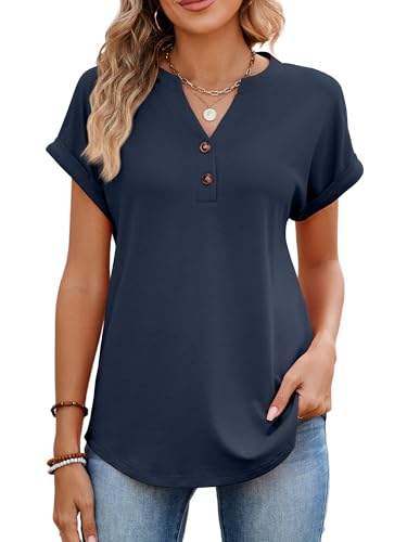 StylSense Tshirt Damen Sommer Baumwolle V Ausschnitt Bluse Kurzarm Tunika T Shirt Damen Elegant Oversize Oberteile Basic Tops mit Knöpfen
