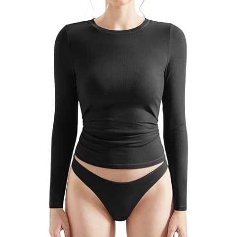 OMKAGI Women Long Sleeve Shirts Cotton Ribbed Fitted Basic Tops Crewneck Y2K Top(M,Black-252) Cover
