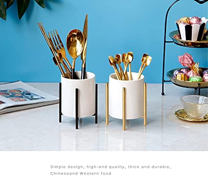 Kitchen Utensil Holder,White Ceramic Silverware Caddy With Golden Metal Frame Chic & Modern Kitchen Cooking