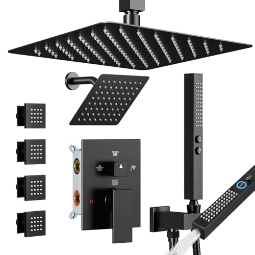 Shower System with Body Jets Matte Black, STARBATH 4 Way 12+6' Shower Faucet Sets Complete with 2 in 1 Handheld,Ceiling Mounted Rainfall Dual Shower Head with 4 Body Spray Jets, Shower Jets System