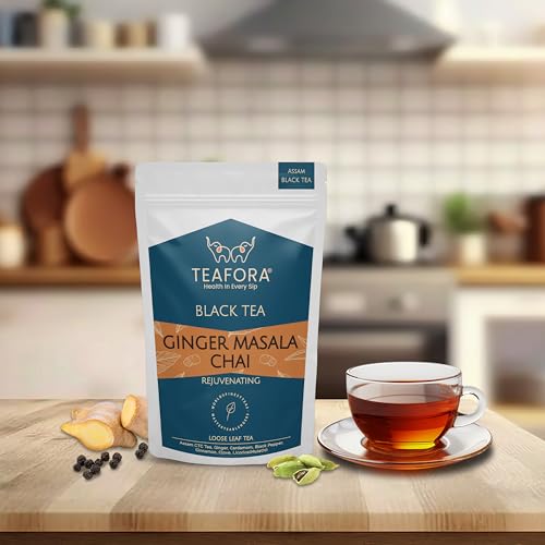 Image of TEAFORA Ginger Masala Chai Tea | Assam CTC Loose Black| Blended with Authentic Indian Spices | Indian Ginger Tea | 100% NATURAL INGREDIENTS - 100g