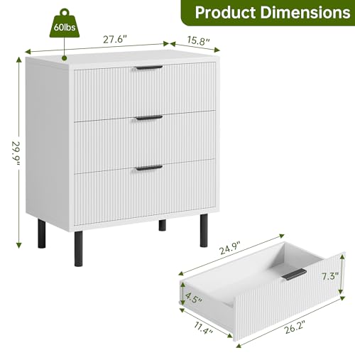 GarveeHome White Fluted 3 Drawers Dresser, Wide Wood Chest of Drawers, Modern Storage Dresser Chest of Drawers Organizer with Metal Legs and Anti-Tipping Device for Bedroom Living Room