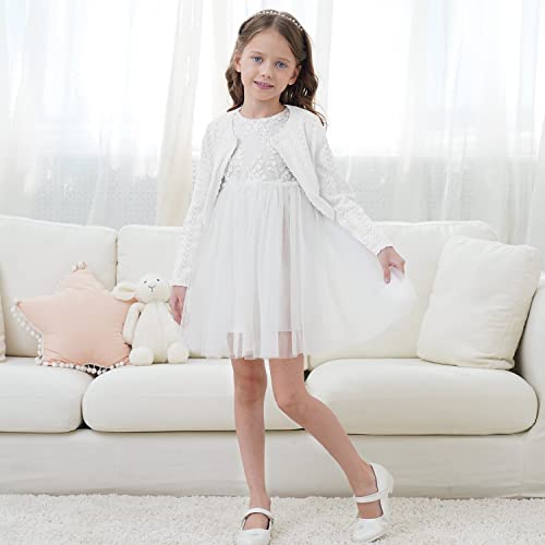 Image of Girls' Crochet Knitted Cardigan Sweater Bolero Shrug Kids Long Sleeve Button Closure Cropped Knitwear Cover Up,Ecru,9 /10
