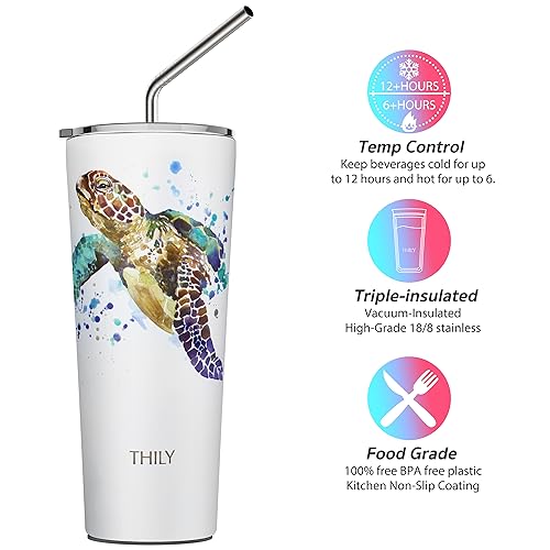 THILY Stainless Steel Vacuum Insulated Tumbler Travel Mug 26 oz Coffee Cup with 2 Lids and Straws, Splash Proof - Image 3