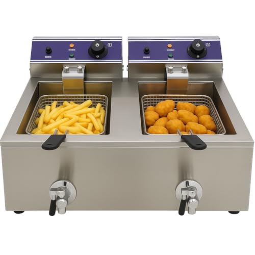 Friteuse Électrique Double 2 x 6L – Inox – Vannes de Vidange – Thermostat 50-200°C – 7,2 kW – Cuves Soudées – Sécurité Renforcée – 220V –...