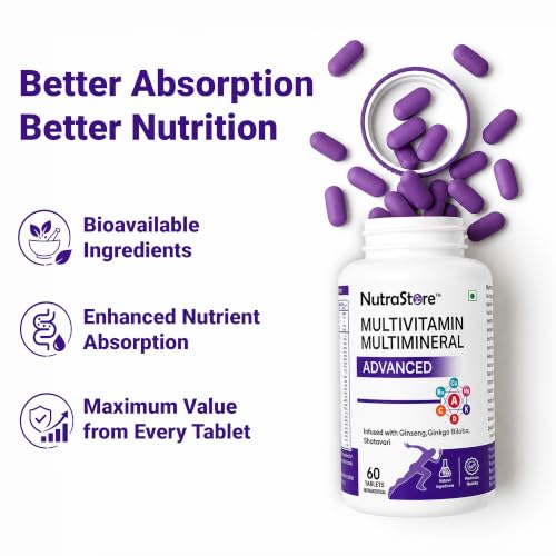 Image of NutraStore Multivitamin Multimineral Advanced Supplements for Men & Women | Multivitamin Tablets with Ginseng, Vitamins A, C, D3 & K2 | Energy, Immunity, Muscle Recovery & Wellness | 60 Veg Tablets ( Pack of 2 )