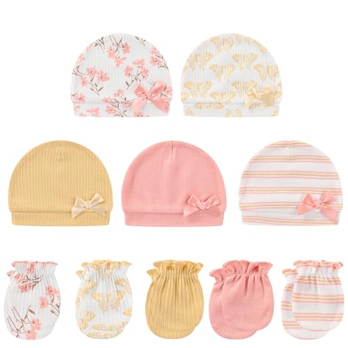 Image of MAMIMAKA Baby Hat and Mittens Set Cotton Newborn Baby Hats Caps for Boys and Girls, 0-6 Months
