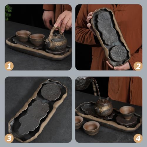 Bandeja de Té Japonesa de Cerámica TINEASUR: Elegancia y Loto Tallado 7
