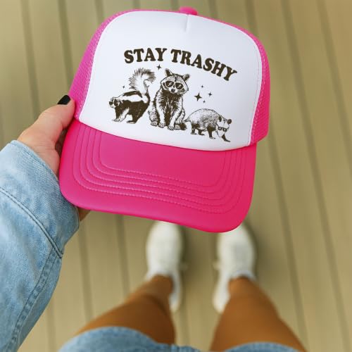 Image of Stay Trashy Funny Raccoon Graphic Classic 5 Panel Mesh Snap Back Trucker Hat