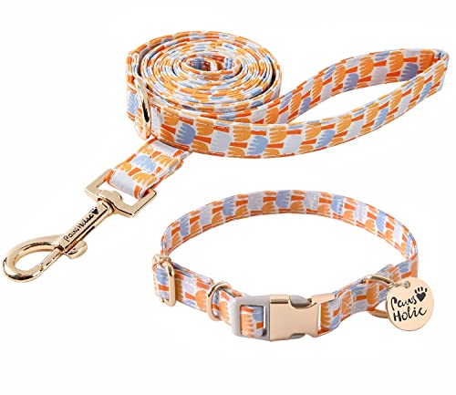 Neskatu 犬 首輪 リードセット 小型犬 中型犬 大型犬 犬用リード 首輪 かわいい 布製 コットン 軽量 調節可能 引っ張る防止 散歩 お出かけ用 おしゃれ ペット用品 ソフト (郁金香、犬のリード首輪 Mサイズ)