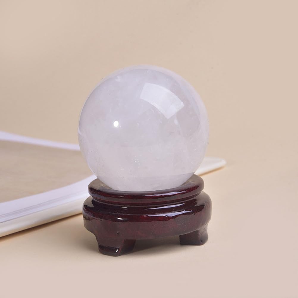 Quartz Sphere White Crystal Ball with Wooden Base Feng Shui Gemstone Ball Sculpture Figurine Ornaments for Witchcraft and Decorative Balls,10cm