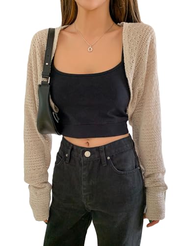 Floerns Women's Pointelle Knit Open Front Cardigan Sweater Long Sleeve Cropped Bolero Shrug