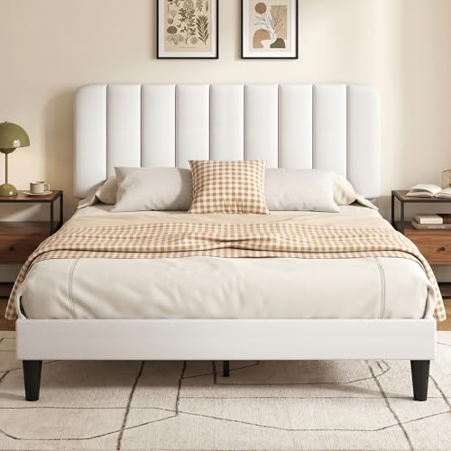 Image of VECELO Full Size Bed Frame with Upholstered Headboard, Velvet Platform Bedframe Mattress Foundation, Strong Wood Slat Support, No Box Spring Needed,White