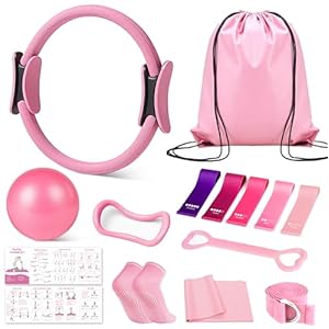 Home Pilates Kit for Women, Essentials Pilates Equipment Set with 14‘’ Pilates Ring and Mini Ball, 5 Resistance Bands & Accessories, Tutorial Charts, Pilates Ring Set for Beginners Workout at Home