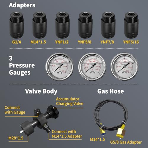 Image of Hydraulic Accumulator with Nitrogen Charging Kit,Heavy-Duty Hydraulic System Tool with for Industrial, Agricultura,Machinery,with Safety Couplings,Pressure Gauge,CGA580 Adapter,Auto Tool