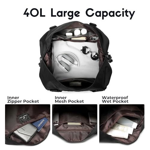 SUNNY BIRD Duffel with Utility Pouch, 40L Weekender Overnight Bag with Shoe Compartment for Travel and Sports (Black)3