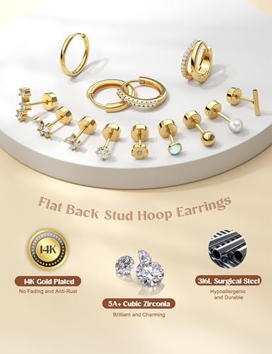 BESTEEL Hypoallergenic Flat Back Earrings - 14K Gold Cartilage Earring Sets 20G Surgical Stainless Steel Earrings for Women Small Hoop Flatback Stud Earring Stacks Helix Conch Tragus Piercing Jewelry4