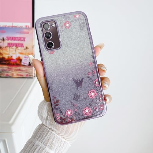 Image of for Samsung Galaxy S20 FE Case,S20 FE Case for Women Gradual Change Glitter Crystal Soft TPU Stylish Butterfly Floral Heart Clear Protective Cover with Strap for Samsung S20 FE (Purple)