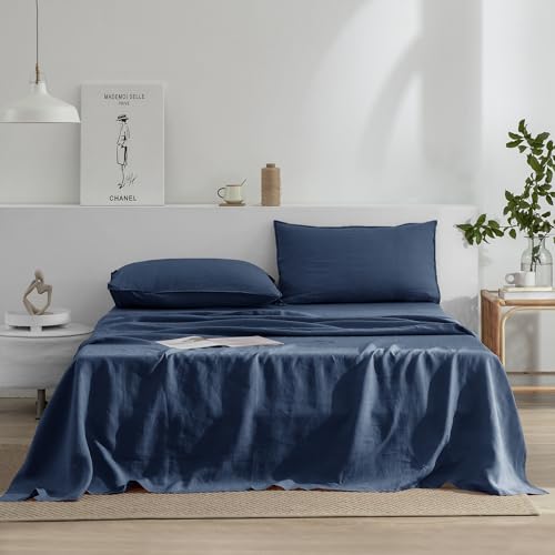 Image of EVERLY Linen Sheets Set Twin Size,100% French Stonewash Pure Linen Sheets Set,3Pieces (1Flat Sheet,1Fitted Sheet,1Pillowcase) Suitable for Hot Sleepers,Deep Pocket Bedding Set-Navy Blue