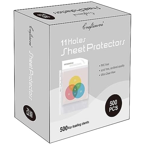Craftinova Sheet Protectors, 500 Pack Plastic Page Protectors, 11 Hole Upgrade Thickened Material,Clear Page Protectors Fits Standard 8.5 x 11 Paper, 9.25 x 11.25 Top Loaded,for 3 Ring Binder Cover