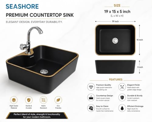 Image of Elegant White Ceramic Table Top Wash Basin, Modern Countertop Vanity Sink for Bathroom, Hotel & Home Interior Spaces, 19 x 14 x 5 Inch