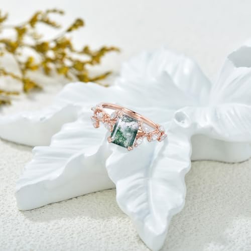 10K 14K 18K Rose Gold 2CT Natural Moss Agate Engagement Ring for Women 925 Sterling Silver Genuine Green Moss Agate Leaf Vine Art Deco Bridal Wedding Promise Anniversary Ring Size 4-153